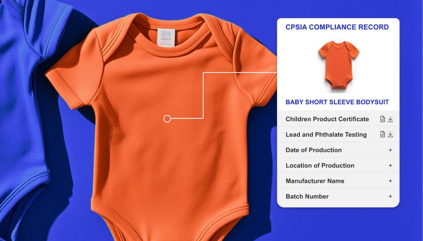 Image: An orange colored infant garment and a data panel showing the different types of data brands and suppliers report on the TrusTrace platform to show CPSIA compliance.